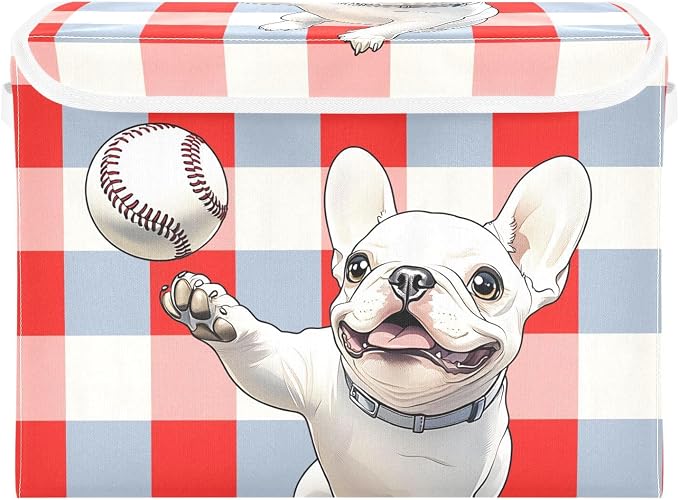 Dog Baseball Fabric Storage Bins with Lid Closet Storage Basket 40L | Decorative Storage Boxes, 300D Oxford Cloth, Hollow Board Frame, Flip Top Velcro Lid, 16.5x12.6x11.8 inch, Collapsible Design