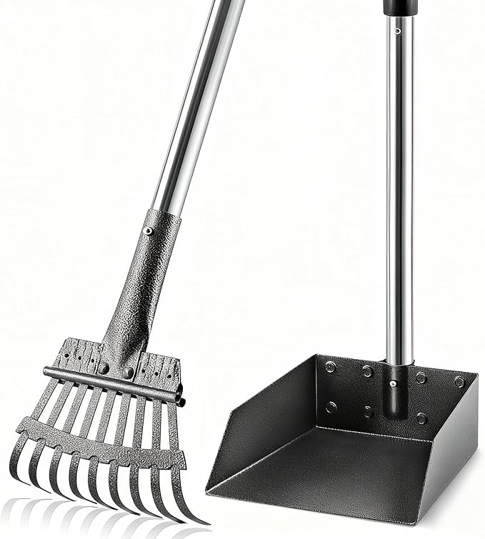Pooper Scooper, Long Handle Pet Supplies with Stainless Metal Tray and Rake | Fits Multiple Pets,Stainless Steel, Rust-Proof, 38.5" Extended Reach, for Grass Dirt Gravel, Heavy Duty, No Bending