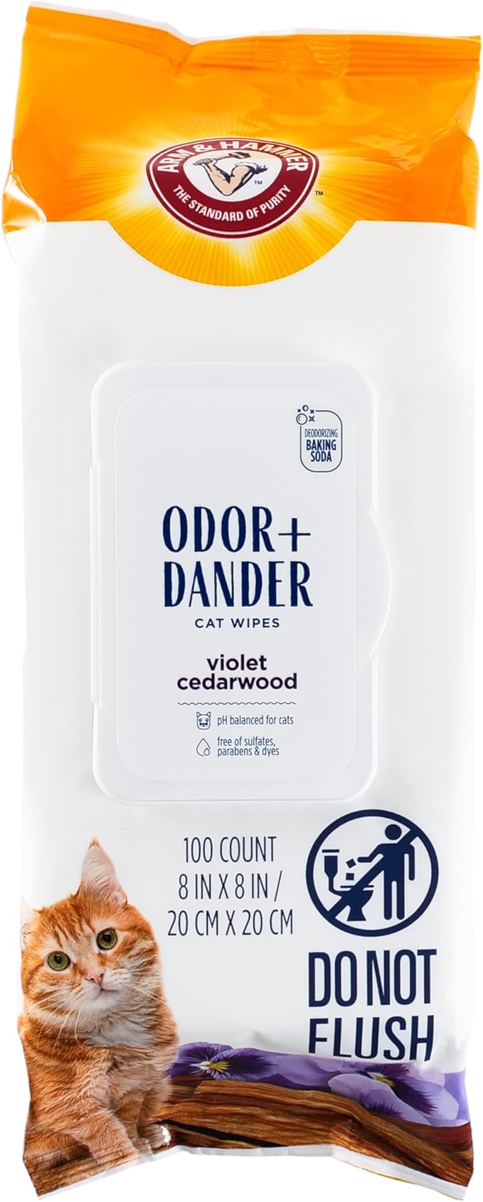 Arm and Hammer for Pets Odor Control Wipes for Cats, Violet Cedarwood Scent - Odor Eliminating Waterless Wipes with Baking Soda Between Baths, Safe Formula, 100 Count