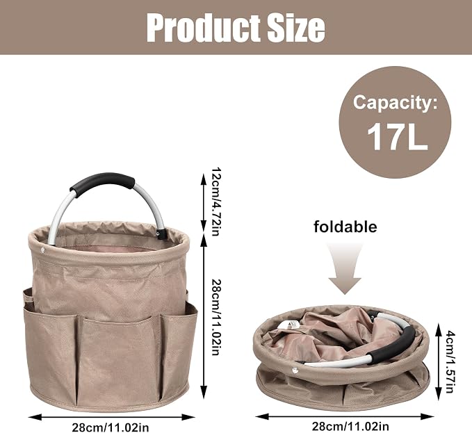 17L Portable Cleaning Bucket Organiser, 6 Pockets Foldable Cleaning Caddy with Handle Wearable Cleaning Caddy Bag for Outdoor Camping Garden Harvest Basket Home Bathroom Storage (Khaki)