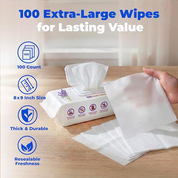 Best Pet Supplies 8" x 9" Large Dog Wipes - Cleaning and Deodorizing for Paws and Coat - Gentle Formula with Lavender Vitamin E for Puppies and Cats - 100 Count (Pack of 12)
