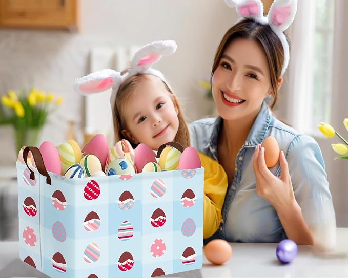 Large Rectangular Easter Baskets Empty Waterproof Boy Toy Box Foldable Kid's Gifts Storage Bin Spring Room Decor(Blue Checkered Egg)