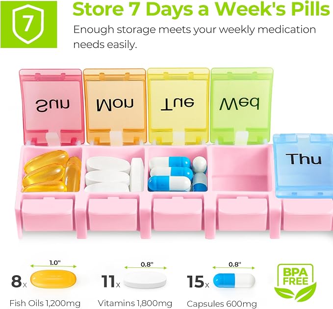 AUVON Weekly Pill Organizer Arthritis Friendly, BPA Free Travel 7 Day Pill Box Case with Spring Open Design and Large Compartment to Hold Vitamins, Cod Liver Oil, Supplements and Medication