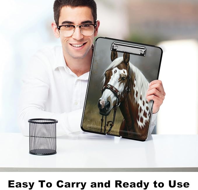A4 Clipboard with Storage Pen Holder, Clipboards Organizer Nursing Clipboard Foldable File Folder Plastic Clipboard Folio Clip Board for Office Students Classroom Doctor Teacher, Horse