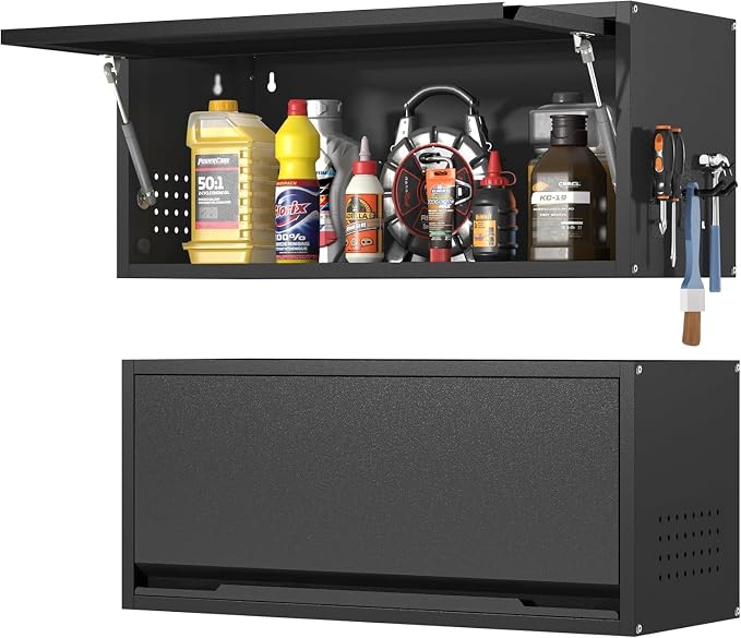 Garage Wall Cabinet, 13.8" H Metal Wall Cabinet with Up-Flip Door | Wall Mounted Metal Storage Cabinet, Upper Cabinet for Kitchen,Garage,Workshop,Warehouse, Assembly Required, Black
