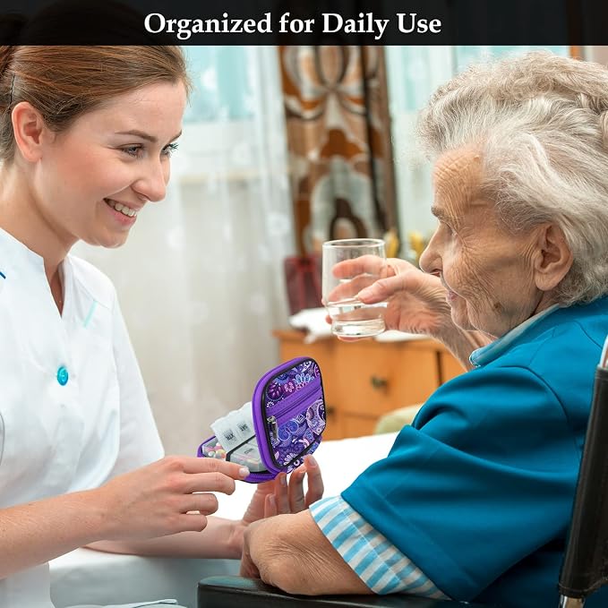 Serfeymi Weekly Travel Pill Organizer Case for Purse with Removable 7 Day Box, Fashionable Pill Container for Medicine, Vitamin, Supplement - Purple 01