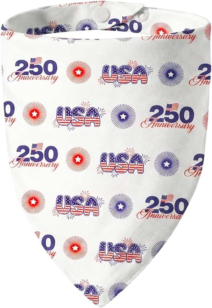 250th Anniversary Dog Bandana, American Flag Triangle Scarf, Adjustable Snap Button Patriotic Neckwear for Small & Medium Breeds (5-30lbs)