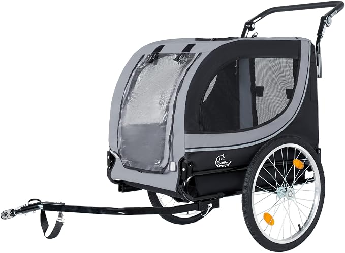 2-in-1 Bike Trailer & Pet Stroller for Dogs up to 100lbs– Foldable Pet Carrier Cart with Two 8'' Front Caster & 20'' Quick Release Air-Filled Wheels, Breathable Mesh and PVC Rain Cover, Gray