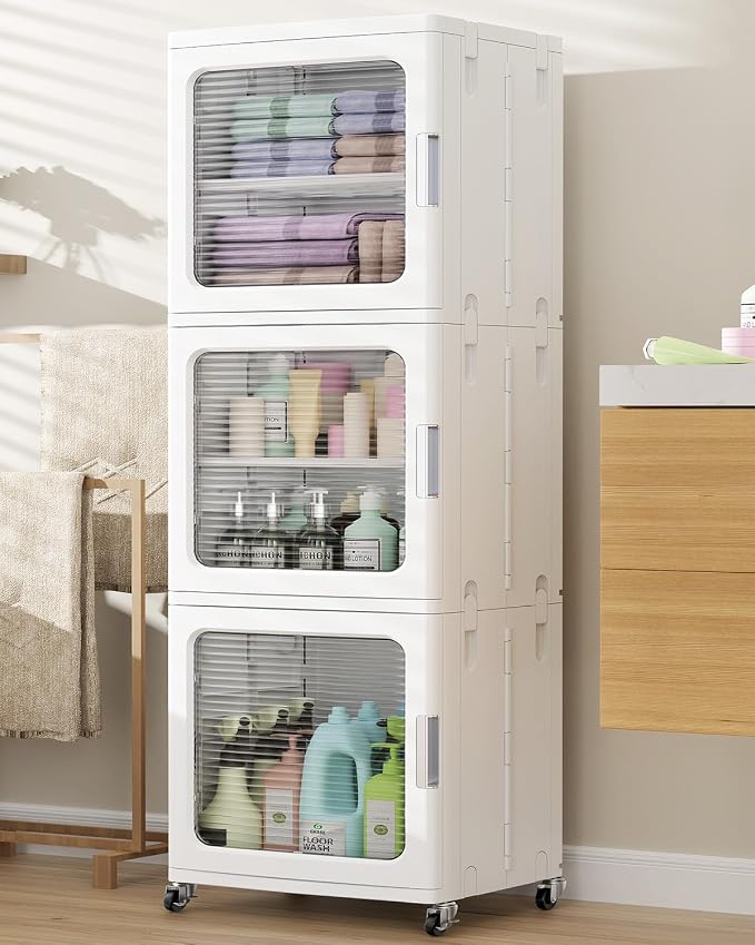 BROVIEW 3-Tier Tall Narrow Storage Cabinet 14.6” Wide, Slim Bathroom Cabinets with Adjustable Shelves and Doors, Plastic Kitchen Pantry Organizers and Storages for Small Space, Laundry, White