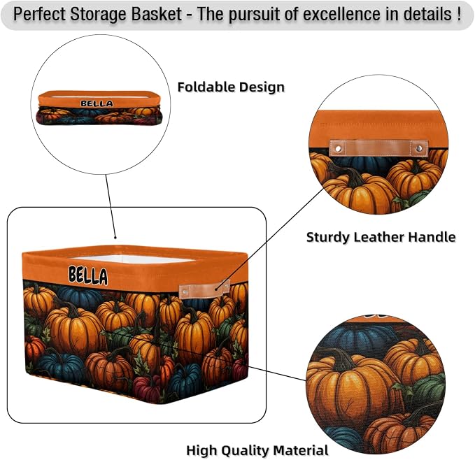 Personalized Foldable Spring Floral Storage Basket with Name for Boys, Laundry Hamper Dirty Clothes Pet Toys Storage Bin with Handles for Shelf Home Closet, Halloween Colorful Pumpkins