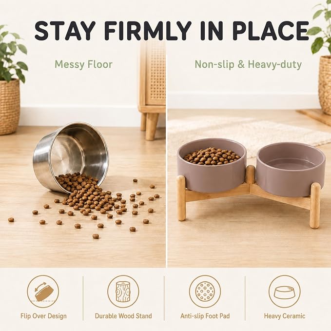 Havniva Ceramic Dog Bowls Elevated, Raised Dog Food Bowl for Small Dogs | 6.1” Elevated Dog Bowls, Non-Slip Wood Stand, Dog Food and Water Bowl Set, Dog Feeding Dish, Large Capacity Pet Water Bowl