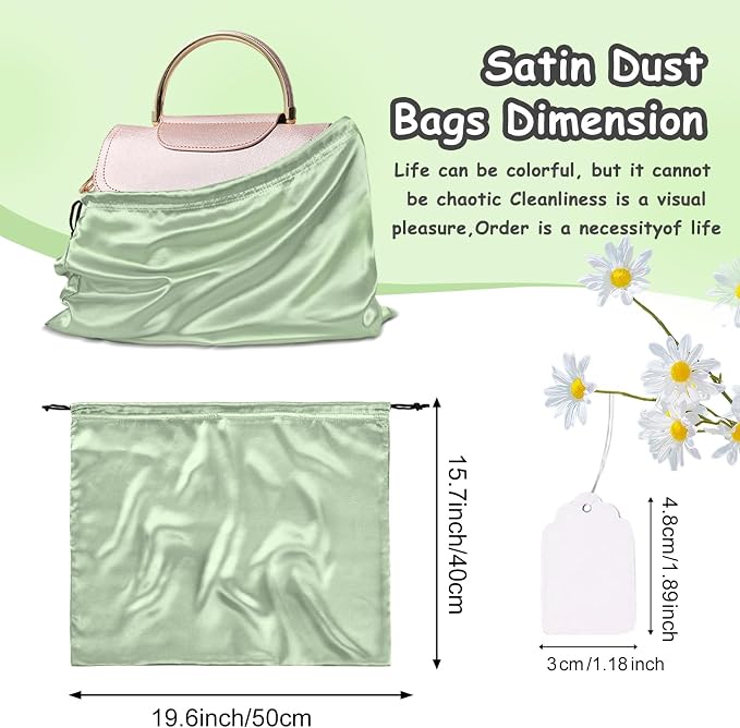 RUDONG M Satin Dust Bags for Handbag, Sage Green, 2 Pack | Silky Dust Cover, Drawstring, For Storage, Travel Pouch