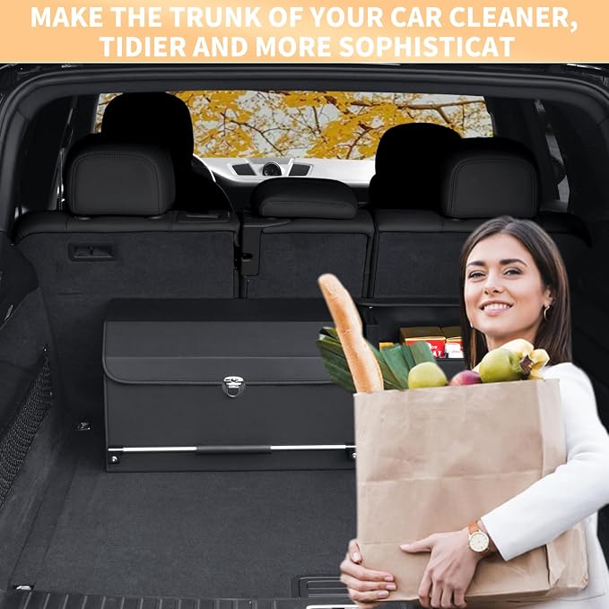 Leather Car Trunk Organizer SUV Trunk Organizer Car Trunk Storage Organizer | Large Trunk Organizer with Lid and Sturdy Handle Car Cargo Storage Box (Black, 33 x 11.4 x 12.2in)