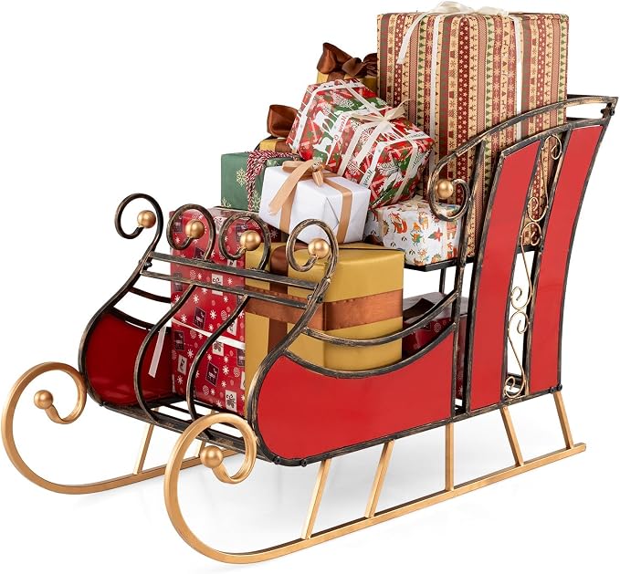Metal Santa Sleigh, Christmas Santa Sleigh Basket w/ 2-Tier Storage Shelf Big Loading Area for Gifts, Reindeer Outdoor Decoration for Indoor Holiday Decor Lawn Yard Home Pets Trailer Party