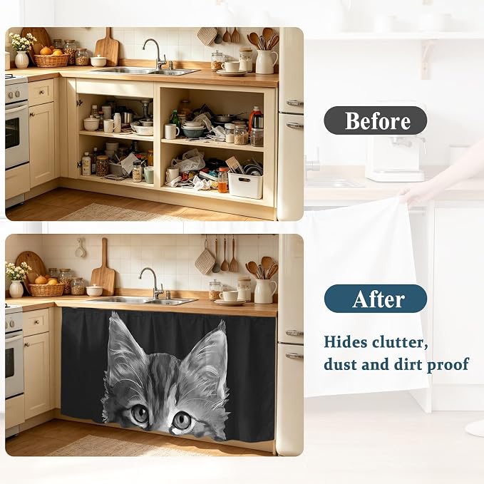 Black Cat Cabinet Curtain 28"Wx51"L,Dustproof Storage Cabinet Curtain with Self Adhesive Tape,Cute Pets Eyes Fur Vintage Oil Painting Tall Pantry Cover Drape for Kitchen,Laundry Room,Utility Closet