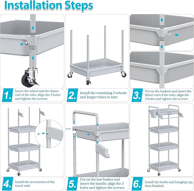 SPACEKEEPER Rolling Storage Cart, 4-Tier Bathroom Organizer Utility Cart Laundry Room Organization Mobile Shelving Unit with Towel Rack, Lockable Wheel, Hooks & Cup for Kitchen Bedroom Office, Grey