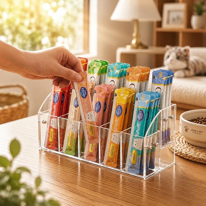 Cat Treat Holder Organizer, 2 Tier 10 Compartment Clear Acrylic Storage Rack for Lickable Wet Treats, Countertop Display Stand for Pet Tubes and Squeeze Up Pouches