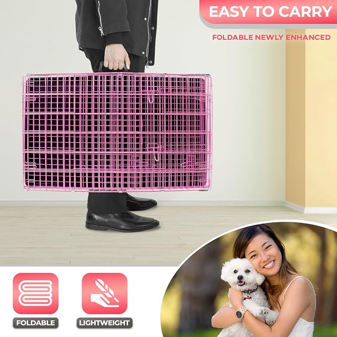 FDW Dog Crate for Small Dogs 24 Inch Folding Metal WirePet Cage Double Door W/Divider Panel Indoor Outdoor Kennel Leak-Proof Plastic Tray,Pink