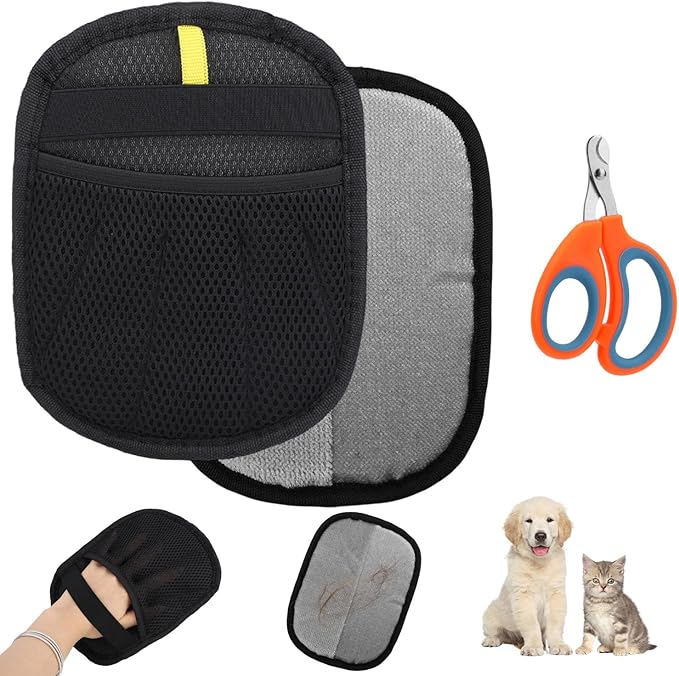 Electrostatic Pet Hair Removal Gloves, Five-Finger Animal Fur Removal Tool, Reusable Dog Cat Hair Magic Remover Gloves Brush with Nail Clipper Grooming Glove for Clothes Couch Carpet Car Seat