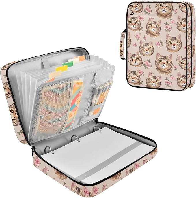 SUABO Pet Cat Flower Expanding File Folder Binder Bag | Accordion File Organizer with Zipper & Labels, 3 Ring Binder, Multi Pockets for Office School Home Portable Lightweight