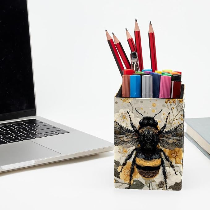 Cute Bee Pen Holder for Desk Decor, Rectangular PVC Leather Pencil Cup for Desk Pen Organizer, Makeup Brush Holder for School, Home, Office