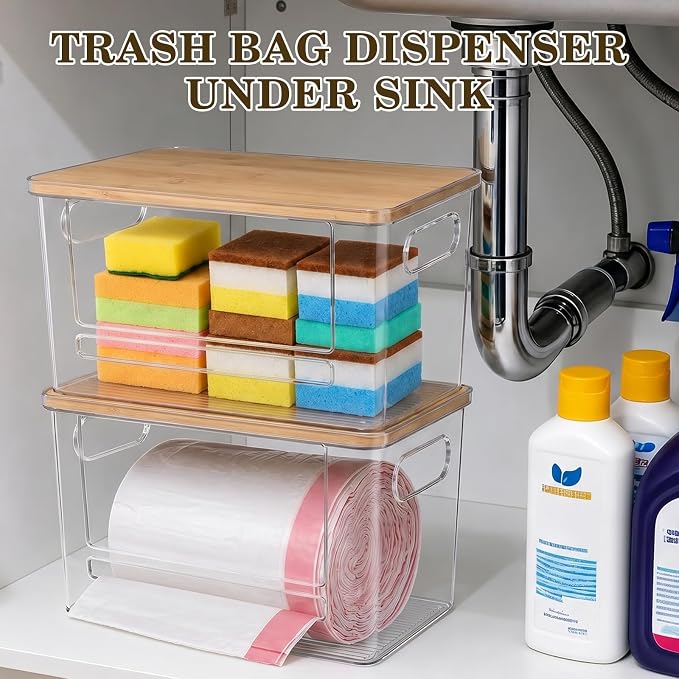 Trash Bag Dispenser Under Sink Organizer for Pantry, Kitchen | Acrylic Garbage Bag Dispenser, with Bamboo Top & Handles, Extra Large, Keep Onions and Potatoes Neat, Clear, Stackable