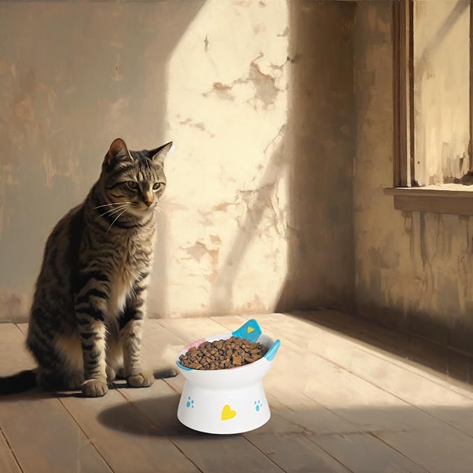 Cute Ceramic Raised Cat Bowls Elevated Design, 15° Tilted FeederProtect Cat's Spine Anti Vomiting Blow for Flat Faced Cats, Kitten Small Dogs,Raise Tilted Cat Food Bowld Pet Dishes(Blue)