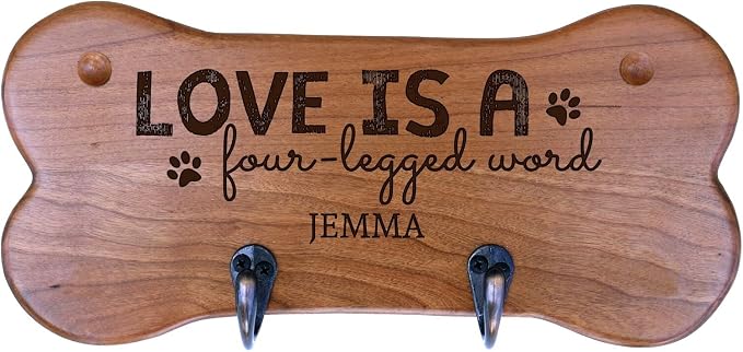 Rooms Organized Personalized Wall Mounted Small Cherry Dog Bone Pet Leash Rack,Dog Collar Holder New Home Decor Gift Ideas and 2 Hooks 11" L x 5.25" H 2.5" deep (Love is A)