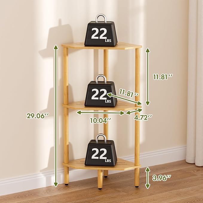 3 Tier Bamboo Corner Shelf, Storage Stand with Adjustable Feet, Small Spaces Corner Bookshelf, Plant Stand, Space-Saving Organizer Shelves, Small Corner Table for Bathroom Kitchen Living Room