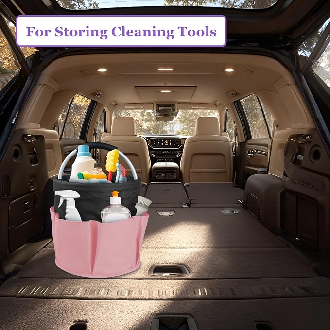 17L Cleaning Supply Caddy for Family, Portable Shower Caddy with Handle and 6 Pockets, Foldable Tool Bucket Organizer, Large Storage Basket for Camping, Gardening, Black with Pink