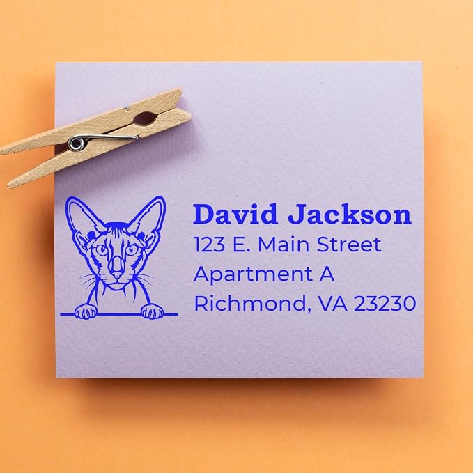 Peeking Peterbald Cat Address Stamp Self-Inking - Clear Impressions | Custom Address Stamp for Veterinary Clinics. Cat Address Stamp for Peterbald Cat Owners. 4 lines. Engraved after you order.
