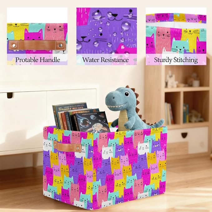 Pardick Storage Baskets Bin, Colorful Animals Cat Cute Collapsible Canvas Fabric Storage Bin Decorative Baskets Toy Organizer Rectangle Storage Boxes with handles for Home Shelves Nursery,Q-9