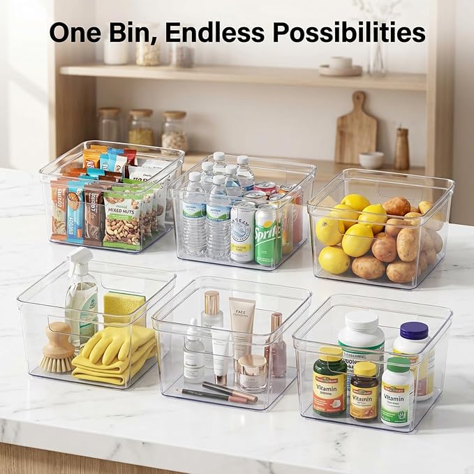 MOONEDGE 4-Pack 10x10x6 Clear Plastic Cube Storage Bins with Handles | Acrylic hard square organizer containers for closet,pantry,fridge,kitchen,bathroom,laundry,under-sink,cabinet organization