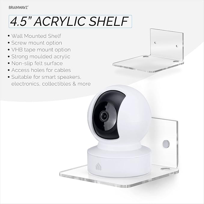 BRAINWAVZ 4.5" Small Baby Monitors & Speaker Wall Mount Shelf, Adhesive & Screw in, Also for Security Cameras, WiFi Routers, Decor, Plants, Photos, Kitchen, Cable Box & More, Universal
