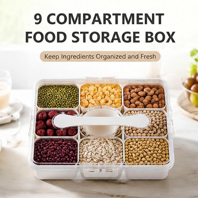9 Compartment Food Storage Container with Clear Lid for Spices Dry Goods and Snacks Home Organization Dry Food Storage Container