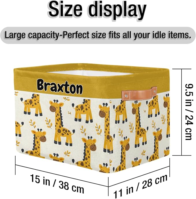 Custom Storage Baskets Name, Personalized Storage Bins Basket Boxes PU Leather Handles for Clothes Bedroom Closet Organizing Toys Books Shelves, Cartoon Giraffes Autumn Yellow Leaves