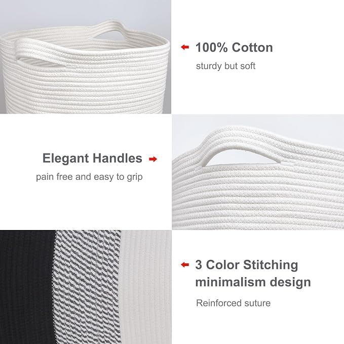 Cotton Rope Blanket Basket, 72L Laundry Hamper, White& Gray& Black