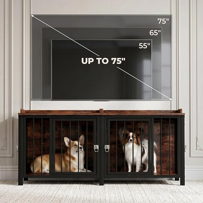 BOINN 63" Heavy Duty Dog Crate Furniture with 4 Doors, Removable Divider & Openable Top, Indoor Dog Kennel with Raised Edge Tabletop, Double Dog Cage for Medium Large Dogs, Decorative Pet Crate
