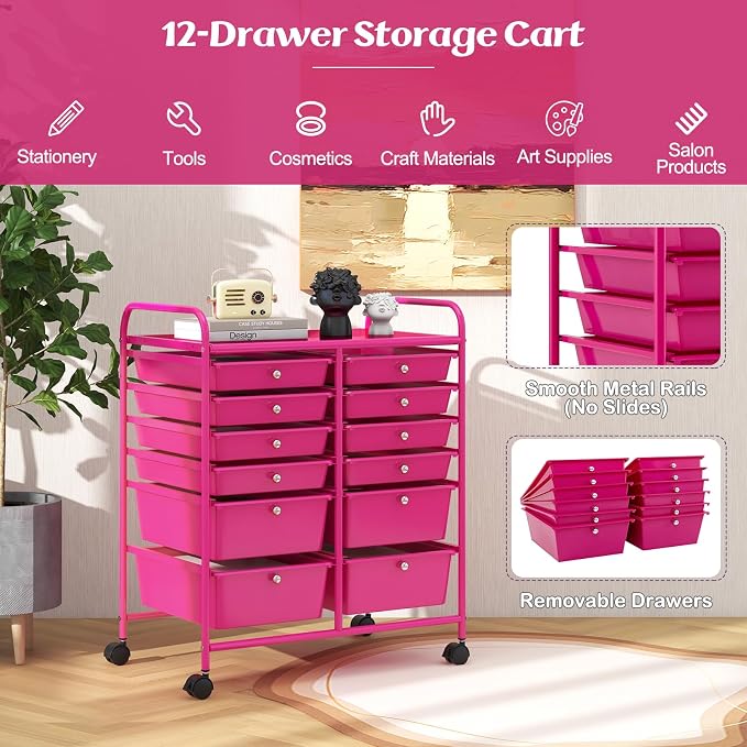12 Drawer Rolling Storage Cart, Art Cart Organizer on Wheels, Mobile Utility Cart with Drawers, Multipurpose Craft Drawers for Home Office School Classroom (Hot Pink)