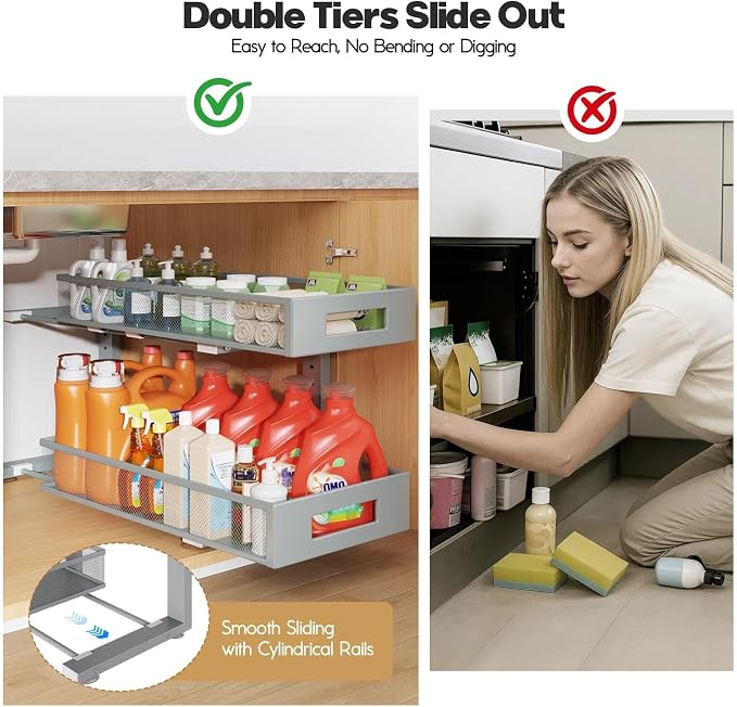 2 Packs 21IN Depth Under Sink Organizer, 2-Tier Pull Out Cabinet Organizer With Smooth Circular Rail, Large Capacity Metal Mesh Sliding Drawers For Bathroom& Kitchen Storage,Height Adjustable-Gun Gray