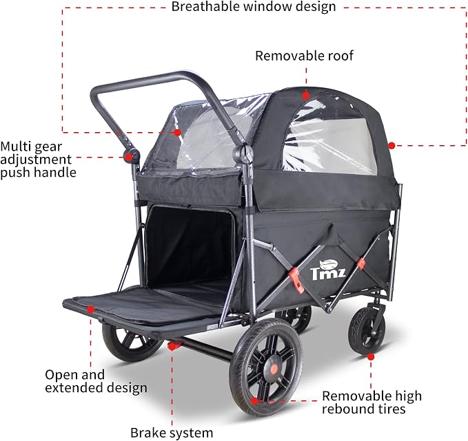 TMZ Collapsible Wagon Cart, Folding Utility Wagon with Breathable Fabric, Canopy, Expandable Storage, Adjustable Handle, Brake, Heavy Duty Cart for Walking & Camping (Black)