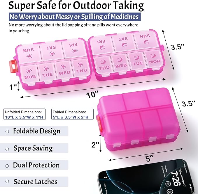NEW Foldable & Double Protection Portable Weekly Pill Organizer 2 Times A Day with Etched Labels, AM PM 7 Day Week Medicine Box, Daily Travel Pill Case Dispenser for Vitamin, Supplement - Clear Pink