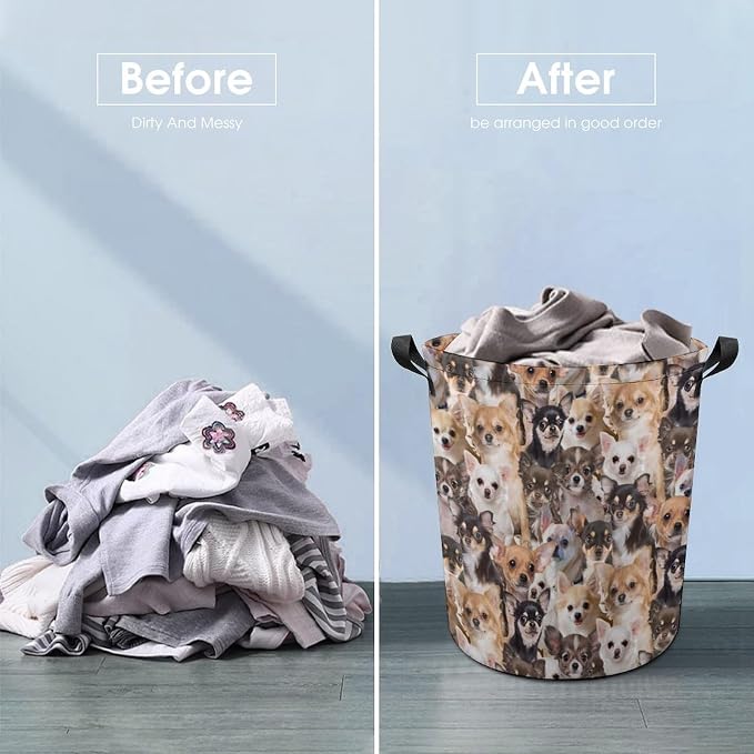 Collapsible Laundry Baskets for Chihuahua Lover, Funny Pet Dog Face Print Laundry Hamper Large Waterproof Dirty Clothes Basket Storage for Bathroom Bedroom, Gifts for Chihuahua Mom Dog Owner