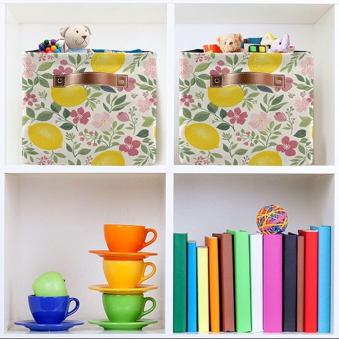 susiyo Large Foldable Storage Bin Beautiful Floral Lemon Fabric Storage Baskets Collapsible Decorative Baskets Organizing Basket Bin with PU Handles for Shelves Home Closet Bedroom Living Room-1Pack