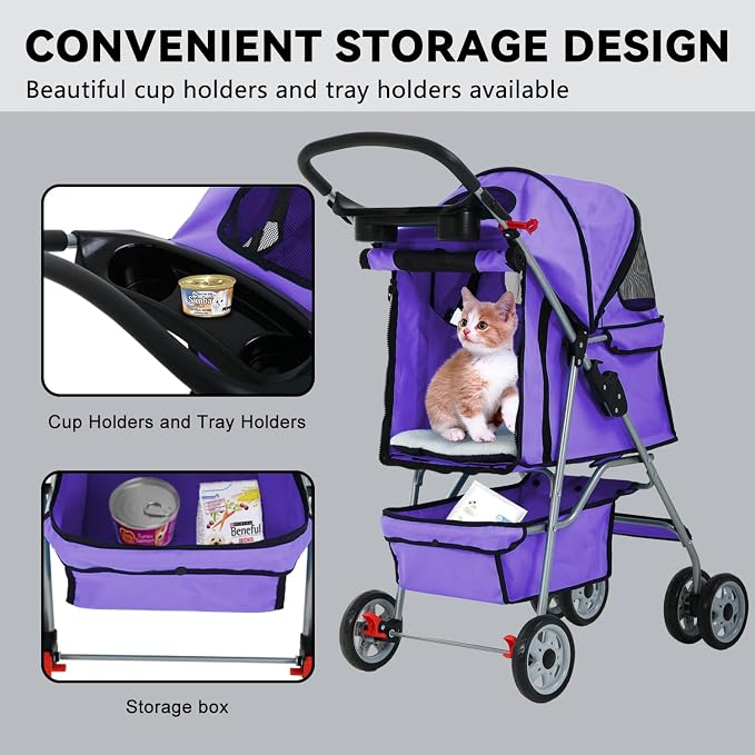 4 Wheels Cat Stroller, Pet Dog Jogger Stroller, Folding Carrier Waterpro with Cup Holder & Removable Liner, Dog Strollers for Small Dogs, for Small and Medium Pet Supplies (Purple)