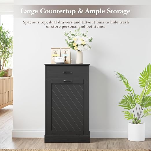 njnj 13 Gallons Tilt Out Trash Cabinet, Kitchen Hidden Trash Bin Cabinet Wood Garbage Recycling Cabinet with Hideaway Drawer, Pet Proof Freestanding Trash Bin for Kitchen Living Room Black