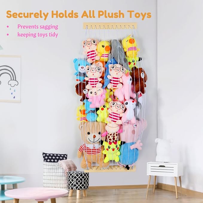 Stuffed Animal Storage Hammock Wooden Plush Toy Organizer for Kids Room Décor, Playroom Nursury Plush Toys Storage Caddy, Decoration Wall Hanging Stuffed Animal Net or Hammock Corner
