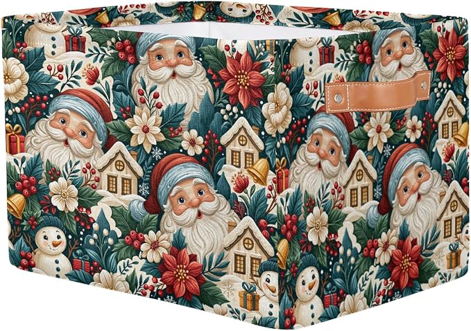 Christmas Basket Storage Bins Rectangle Canvas Basket Cube Storage Box | Nursery Foldable Basket with Handle for Kids Girls Boys Toys Living Room Closet Organizer Shelf Gifts Poinsettia Santa Claus