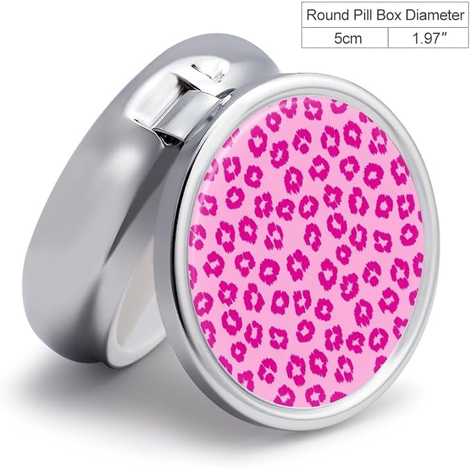 Travel Pill Container, Pink Leopard Print Round Metal Organizer, 3-Section Case for Medicine, Pocket Purse Dispenser for Business Travel