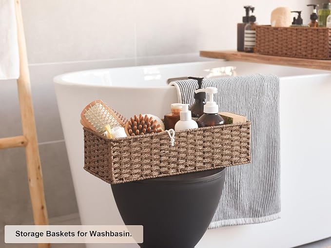 StorageWorks Toilet Tank Basket, Wicker Toilet Paper Baskets, Brown | Wicker Baskets for Bathroom Decor, Paper Rope Bathroom Basket Organizer and Storage for Tank Topper, 2 Pack